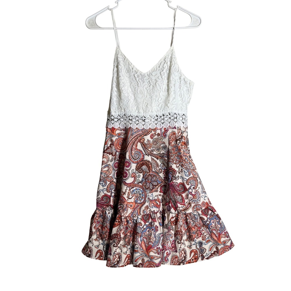 White Lace Paisley Print Boho Mini Dress with Adjustable Straps and Ruffle Hem